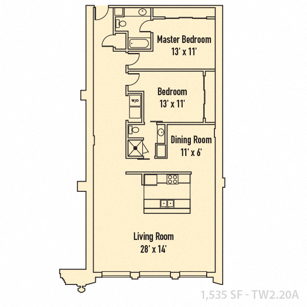 Floor plan for 2 beds, 2 baths, 1535 sqft