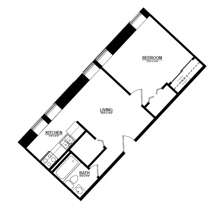 Floor plan for 1 bed, 1 bath, 465 sqft