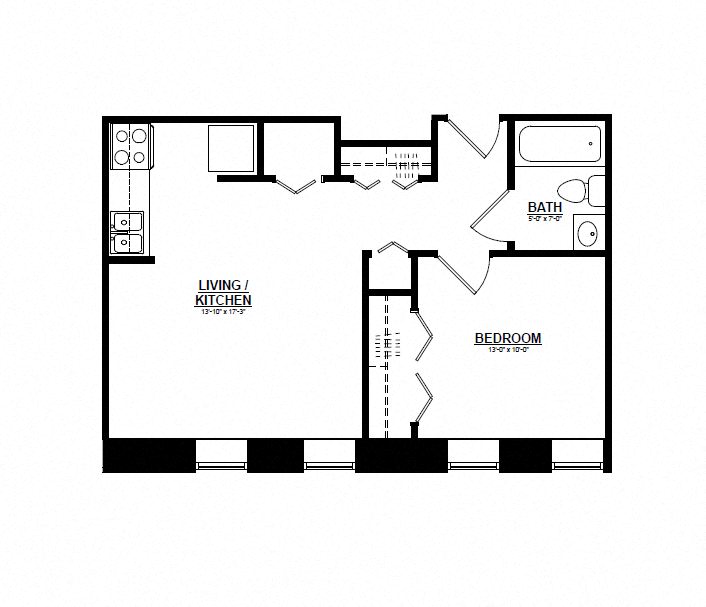 Floor plan for 1 bed, 1 bath, 500 sqft
