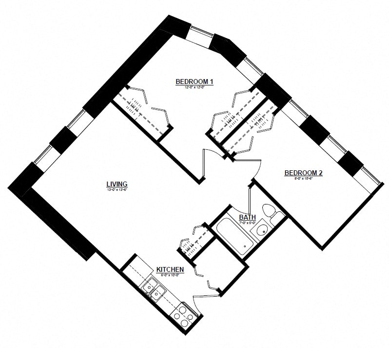 Floor plan for 2 beds, 1 bath, 650 sqft