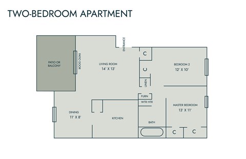 Floor plan for 2 beds, 1 bath, 825 sqft