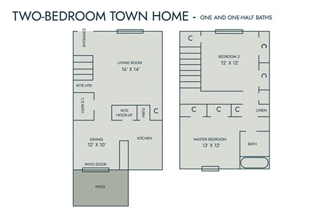 Floor plan for 2 beds, 1.5 baths, 1240 sqft