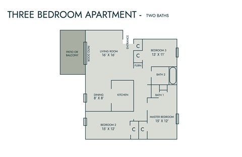 Floor plan for 3 beds, 2 baths, 1120 sqft