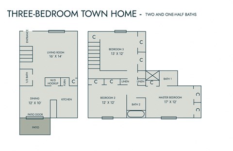 Floor plan for 3 beds, 2.5 baths, 1540 sqft