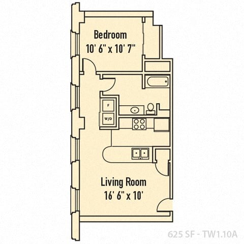Floor plan for 1 bed, 1 bath, 625 sqft