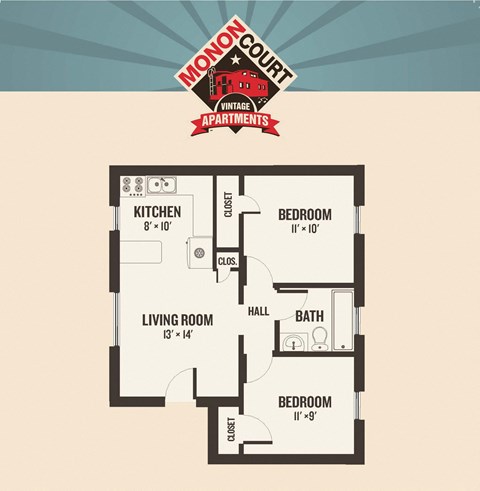 Floor plan for 2 beds, 1 bath, 733 sqft
