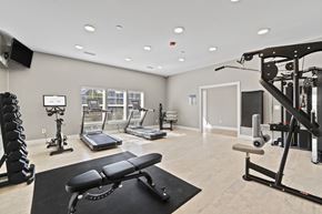 Foley apartment for rent - A spacious home gym with a variety of equipment including a treadmill, elliptical machines, and weight machines.