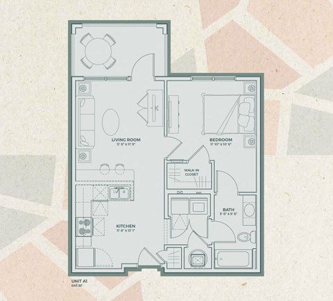 Floor plan for 1 bed, 1 bath, 645 sqft