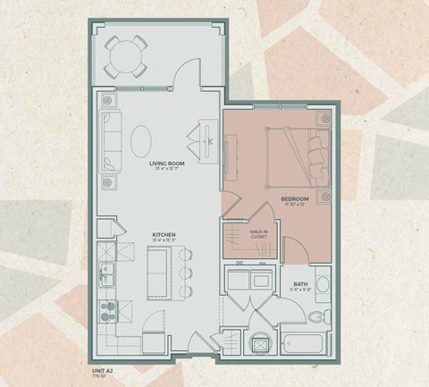 Floor plan for 1 bed, 1 bath, 770 sqft
