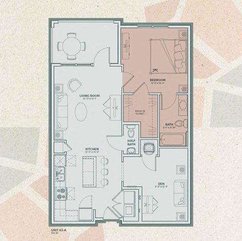 Floor plan for 1 bed, 1 bath, 863 sqft