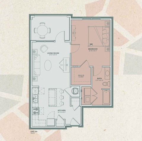 Floor plan for 1 bed, 1 bath, 798 sqft