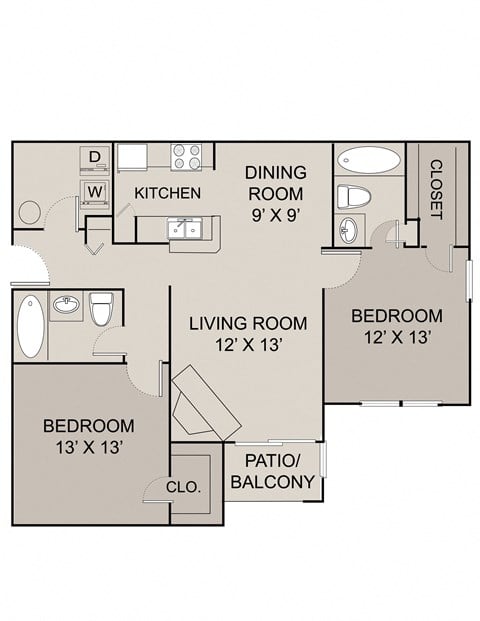 Floor plan for 2 beds, 2 baths, 1075 sqft