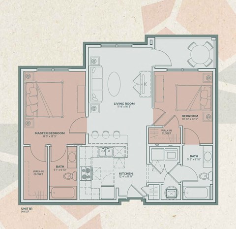 Floor plan for 2 beds, 2 baths, 946 sqft