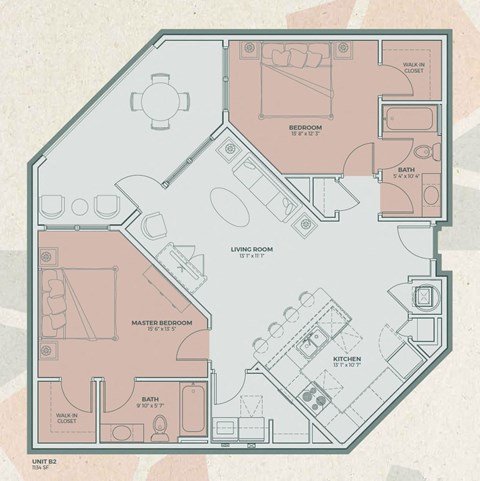 Floor plan for 2 beds, 2 baths, 1134 sqft