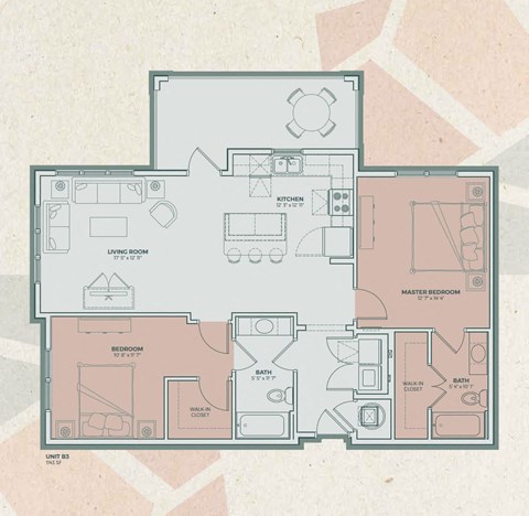 Floor plan for 2 beds, 2 baths, 1143 sqft