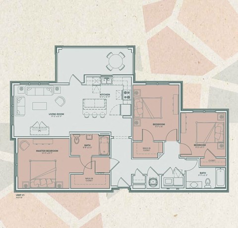 Floor plan for 3 beds, 2 baths, 1407 sqft