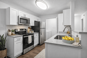 Raleigh apartment for rent - A kitchen with white cabinets and a black stove top oven.