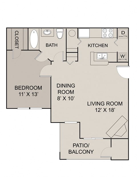 Floor plan for 1 bed, 1 bath, 830 sqft