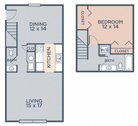 Floor plan for 1 bed, 1.5 baths, 855 sqft