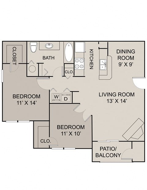 Floor plan for 2 beds, 1 bath, 920 sqft
