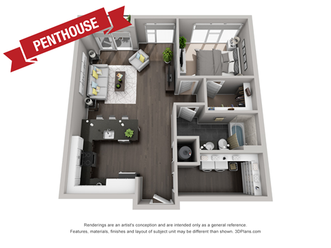 Floor plan for 1 bed, 1 bath, 838 sqft