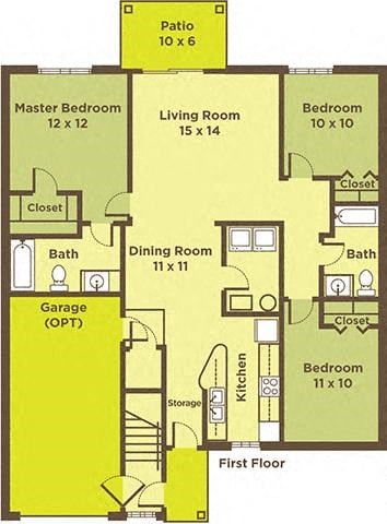 Floor plan for 3 beds, 2 baths, 1231 sqft
