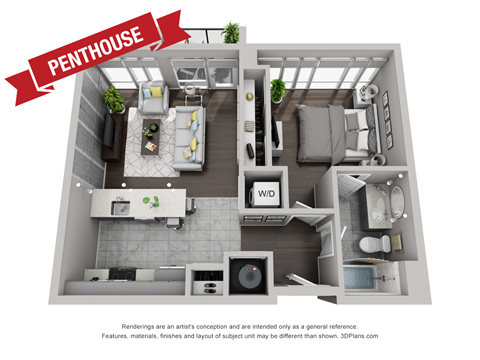 Floor plan for 1 bed, 1 bath, 670 sqft