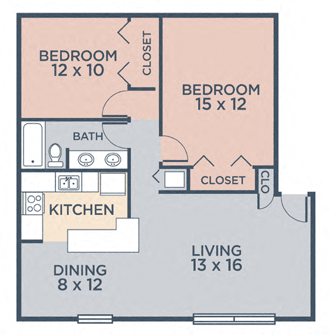 Floor plan for 2 beds, 1 bath, 907 sqft