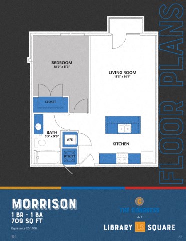 Floor plan for 1 bed, 1 bath, 709 sqft