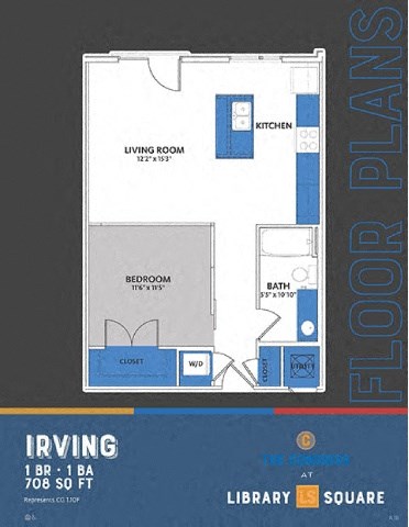 Floor plan for 1 bed, 1 bath, 708 sqft