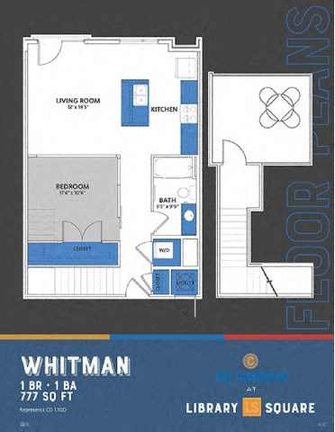 Floor plan for 1 bed, 1 bath, 777 sqft