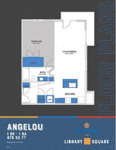 Floor plan for 1 bed, 1 bath, 878 sqft