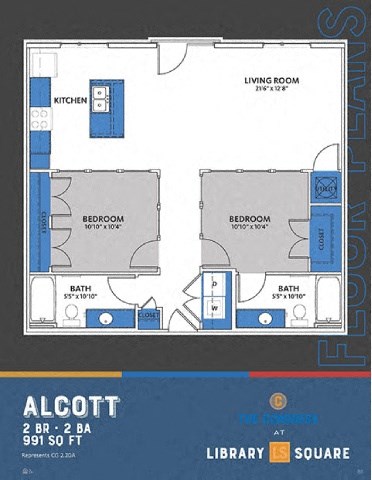 Floor plan for 2 beds, 2 baths, 991 sqft