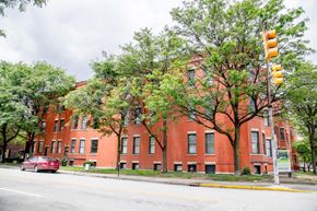Indianapolis apartment for rent - Wide Apartment view from street at Lockerbie Court on Mass Ave, Indiana, 46204