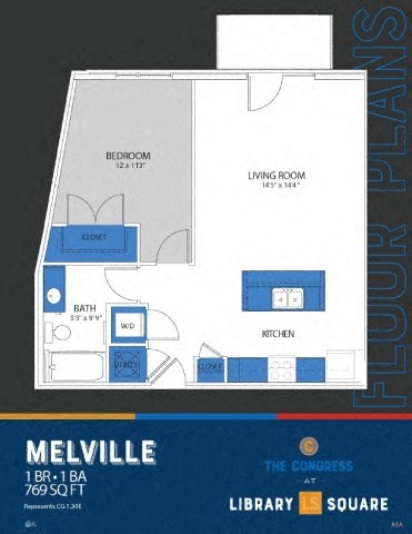 Floor plan for 1 bed, 1 bath, 769 sqft