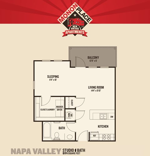 Floor plan for studio, 1 bath, 571 sqft