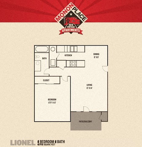 Floor plan for 1 bed, 1 bath, 740 sqft