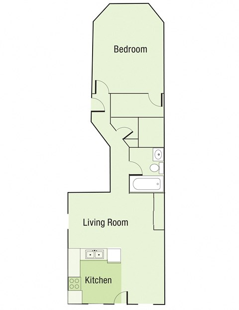 Floor plan for 1 bed, 1 bath, 874 sqft
