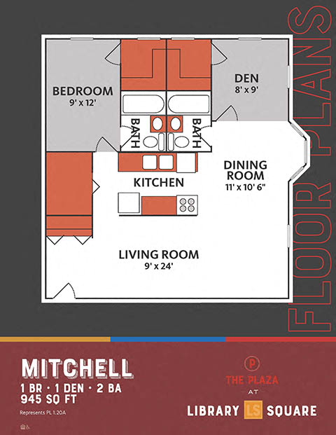 Floor plan for 1 bed, 2 baths, 945 sqft