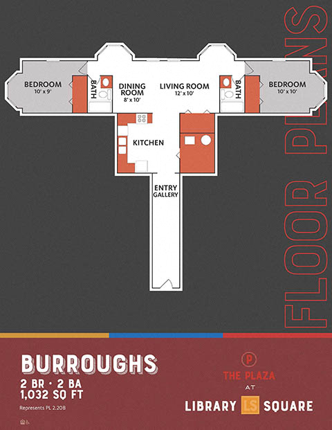 Floor plan for 2 beds, 2 baths, 1032 sqft