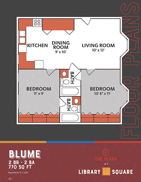 Floor plan for 2 beds, 2 baths, 770 sqft