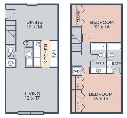 Floor plan for 2 beds, 2.5 baths, 1153 sqft