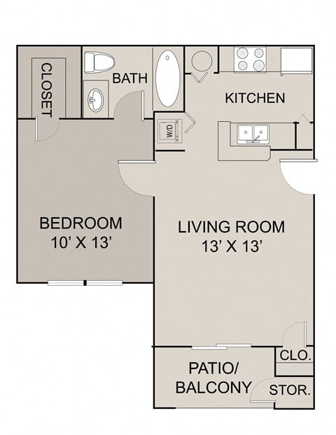 Floor plan for 1 bed, 1 bath, 605 sqft