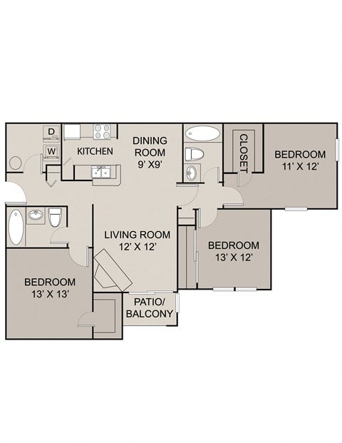 Floor plan for 3 beds, 2 baths, 1265 sqft