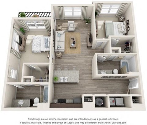 Floor plan for 2 beds, 2 baths, 1129 sqft