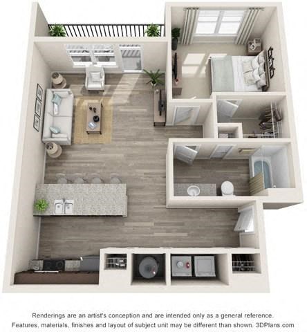 Floor plan for 1 bed, 1 bath, 844 sqft