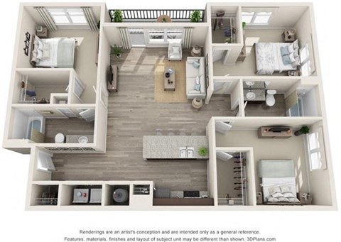 Floor plan for 3 beds, 2 baths, 1435 sqft