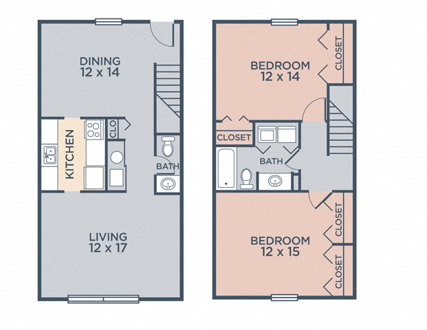 Floor plan for 2 beds, 1.5 baths, 1069 sqft