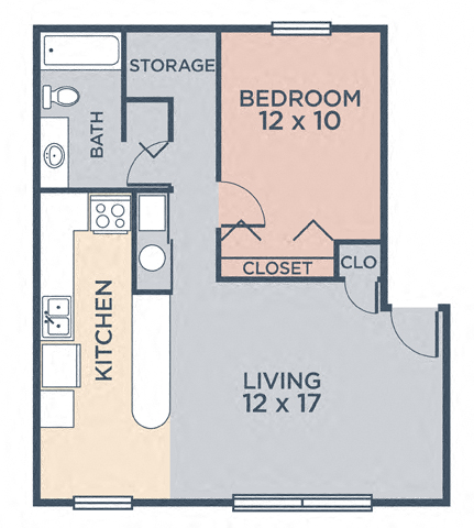 Floor plan for 1 bed, 1 bath, 628 sqft
