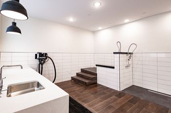 A wet room with a sink and shower